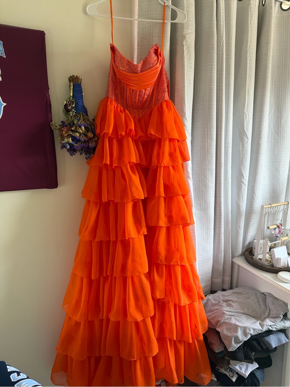 Orange Tiered Ruffle Prom Dress - Sleeveless Evening Gown - Picture 3 of 5